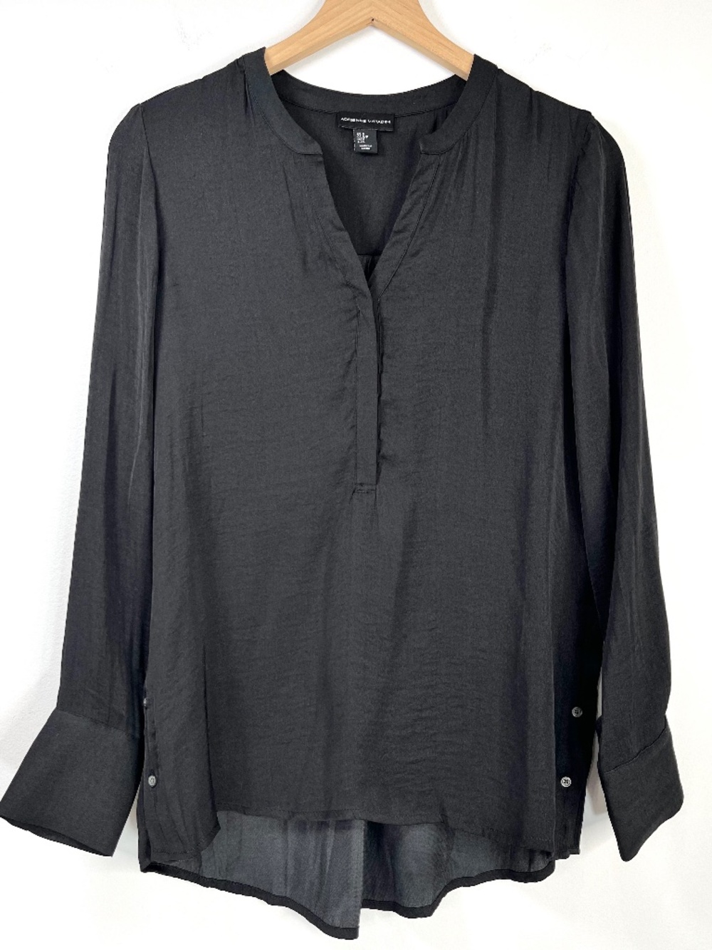 Adrienne Vittadini Black Satin Button V-Neck Blouse